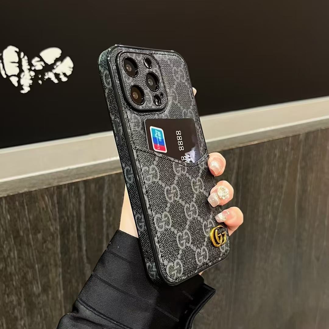 Gucci iPhone 15 Pro Max Case with Card Holder GG Real Leather Case