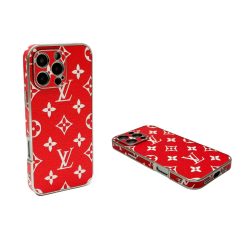 Red Louis Vuitton Leather iPhone Case for iPhone 16 Series LV Logo Luxury Look