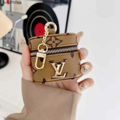 Louis Vuitton AirPods Pro 4 Leather Case Designer Mini Bag Wallet Style LV AirPods Cover Luxury Leather Case Light Brown
