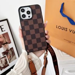 Louis Vuitton iPhone Leather Case 16 15 14 Pro Max With Shoulder Strap