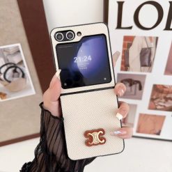 White Celine Leather Case for Samsung Galaxy Z Flip 6, Z Flip 5, Z Flip 4, Z Flip 3 – Luxury Designer Protective Phone Cover