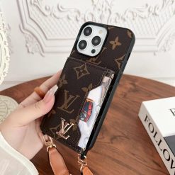 Louis Vuitton iPhone 16 15 14 Pro Max Case LV Leather Phone Pouch Bag With Card Holder and Strap