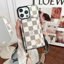 Louis Vuitton Leather Case For iPhone 16 15 14 Pro Max LV With Card Holder and Shoulder Strap