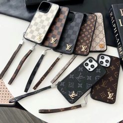 Louis Vuitton iPhone 16 Pro Max 17 Air LV Leather Case With Hand Strap