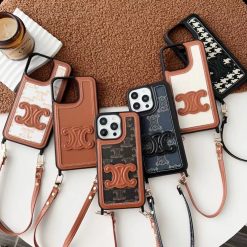 Celine iPhone 16 / 15 / 14 / 13 / 12 Pro Max Leather Case with Hand Strap Holder – CELINE Paris Designer iPhone Case