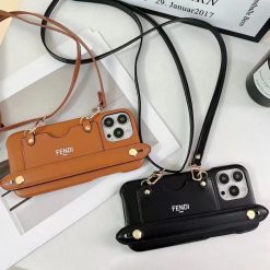 Fendi iPhone 16 Pro Max Leather Case with Long Shoulder Strap & Card Holder – Fendi Wallet Phone Case for iPhone 15 / 14 / 13 / 12