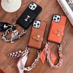 Hermes-iPhone 16 Pro Max MagSafe Leather Case with Card Holder & Strap