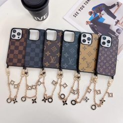 Louis Vuitton Brown Leather iPhone Case with Gold Chain – LV Wallet Case for iPhone 16 Pro Max, 15 Pro Max, 14, 13