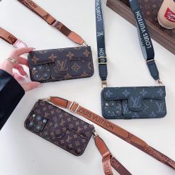 Louis Vuitton iPhone 16 / 15 Pro Max Leather Flip Case with Strap & Card Holder Wallet – LV Crossbody Phone Bag Case