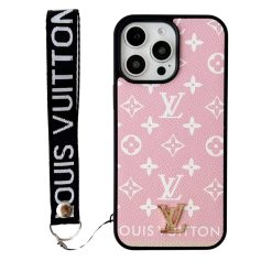 Pink LV Leather iPhone 17 Pro Max Case With Hand Strap – Luxury Louis Vuitton iPhone Case Cover for iPhone 17, 16 Pro Max, 15, 14, 13, 12