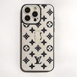 Whte-LV iPhone 17 16 Pro Max Leather Case with Finger Holder Strap – Louis Vuitton Designer Phone Cover