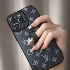 Black LV iPhone 17 16 Pro Max Leather Case with Finger Holder – Louis Vuitton Designer Phone Cover
