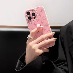 Pink LV Case With Finger Holder For iPhone 17 16 Pro Max Leather Case with Finger Holder