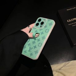 Light Green LV iPhone 17 16 Pro Max Leather Case with Finger Holder – Louis Vuitton Designer Phone Cover