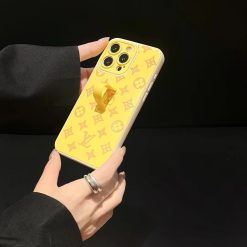 Yellow LV iPhone 17 16 15 Pro Max Leather Case with Hand Strap Holder – Louis Vuitton Designer Phone Case