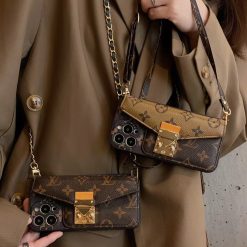 Louis Vuitton iPhone 16 / 15 Pro Max Flip Leather Wallet Case with Card Holder & Long Shoulder Strap – LV Crossbody Phone Bag