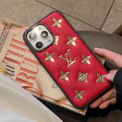 Red Louis Vuitton iPhone 17 16 15 Pro Max Leather Case with Gold LV Logo