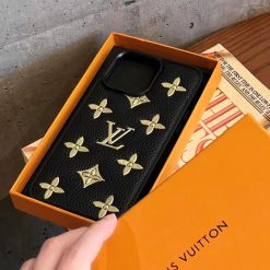 Black Louis Vuitton iPhone 17 Pro Max 16 Pro Max 15 Pro Max Leather Case with Gold LV Logo