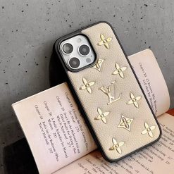 Kaki Louis Vuitton iPhone 17 Pro Max 16 Pro Max 15 Pro Max Leather Case with Gold LV Logo