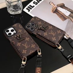 Louis Vuitton iPhone 17 / 16 / 15 Pro Max Leather Wallet Case – LV Card Holder Case with Long Strap