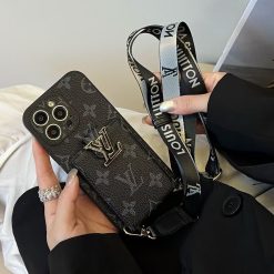 Louis Vuitton iPhone 17 / 16 / 15 Pro Max Leather Wallet Case – LV Card Holder Case with Long Strap