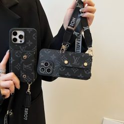 Louis Vuitton iPhone 17 Air / 16 Plus / 15 Pro Max Leather Wallet Case with Card Holder & Long Strap