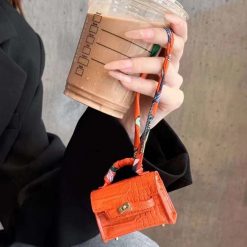 Orange Hermes Style AirPods Pro 2/3/4 Leather Case Mini Handbag Luxury Bag Charm Cover