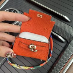 Orange Hermes Style AirPods Pro 2/3/4 Leather Case Classic Mini Handbag Luxury Bag Charm Cover