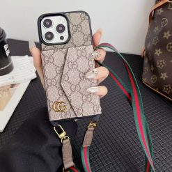 Gucci iPhone 17 16 Pro Max Leather Case with Card Holder Wallet And Strap
