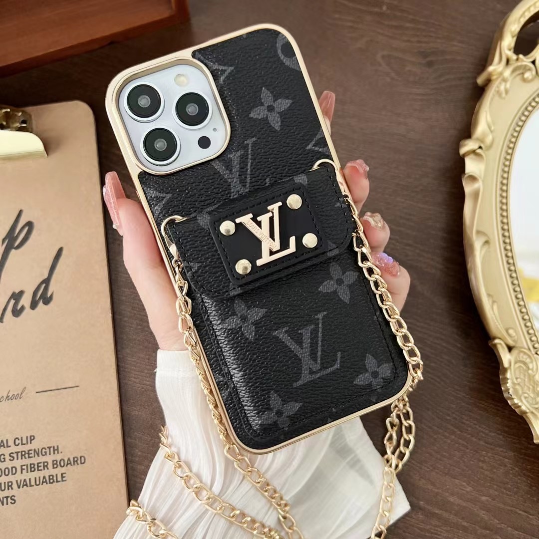 Louis Vuitton iPhone 15 16 Pro Max LV Case With Card Holder and Metal Chain Strap