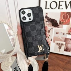 Louis Vuitton Leather Case For iPhone 16 15 14 Pro Max LV With Card Holder and Long Strap