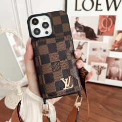 Louis Vuitton Case For iPhone 16 15 14 Pro Max LV Leather Phone Pouch Bag With Card Holder and Strap