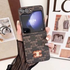 Brown Celine Leather Case for Samsung Galaxy Z Flip 6 / 5 / 4 / 3 – Luxury Designer Phone Cover