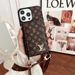 Louis Vuitton Case For iPhone 16 15 14 Pro Max LV Leather Phone Pouch Bag With Card Holder and Strap