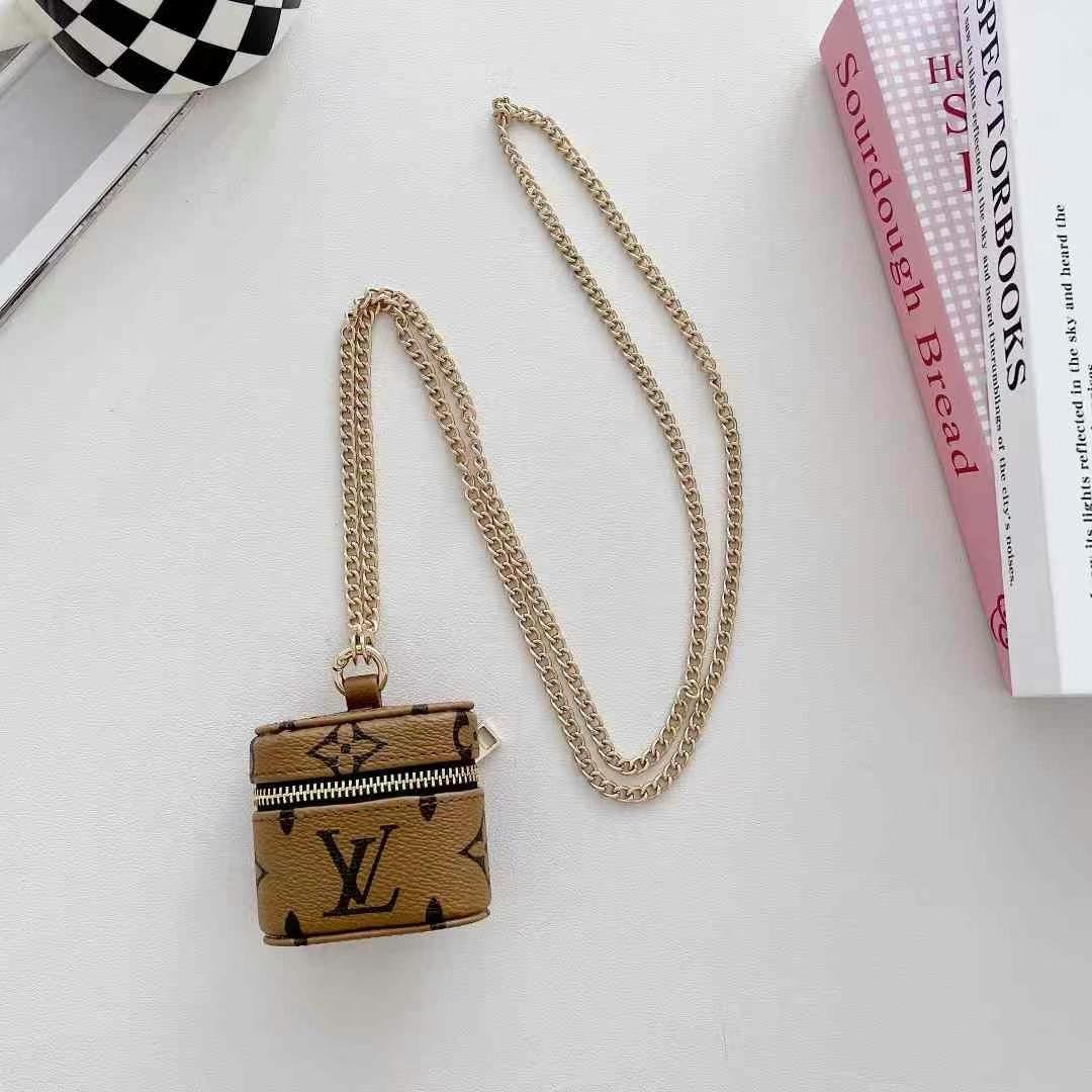 Louis Vuitton AirPods 4 3 Pro 2 Leather Mini Bag Case with Long Chain Strap Designer LV AirPods Crossbody Case