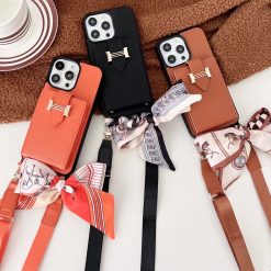 Hermes iPhone 16 Pro Max Leather Case with Card Holder & Strap