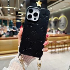 Black Louis Vuitton iPhone 16 15 Pro Max Leather Case with Short Strap Chain – LV Designer Phone Cover
