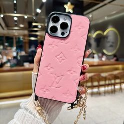Pink Louis Vuitton iPhone 16 Pro Max Leather Case with Metal Strap Chain – LV iPhone 15 Pro Max Designer Cover