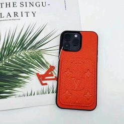Red LV Monogram Leather iPhone 17 16 Pro Max Case with Credit Card Holder Wallet Case