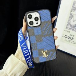 Blue LV iPhone 17 16 15 Pro Max Leather Case with Hand Strap Holder – Louis Vuitton Designer Phone Case