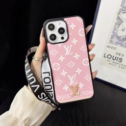 Pink Louis Vuitton iPhone 17 16 Pro Max Leather Case with Hand Strap – LV Designer Phone Case
