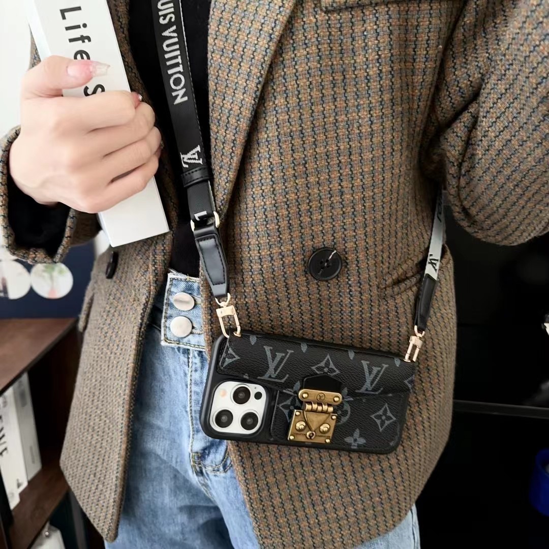 Louis Vuitton iPhone 14 15 16 Pro Max Case With Shoulder Strap and Card Holder - Image 3