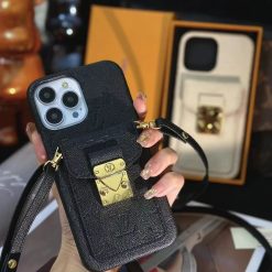 Black Louis Vuitton iPhone 15 / 14 Pro Max Leather Case with Card Holder Wallet & Shoulder Strap – LV Luxury Cover